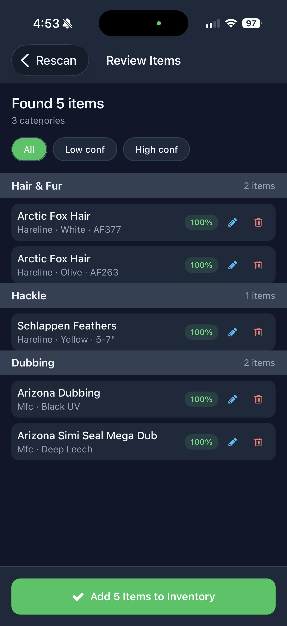 Fly Tyer’s Bench review screen: five detected materials in Hair and Fur, Hackle, and Dubbing, with edit and remove controls and an Add 5 Items to Inventory button.